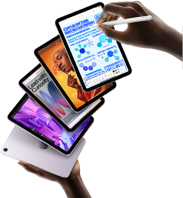 Five iPad mini models are shown in a fan formation held by a user's hands. One model shows the back camera, the other four are front facing. Apple Pencil Pro is being used to take notes