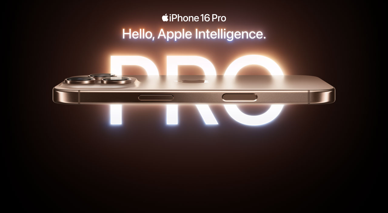 Apple iPhone 16 Pro. Graphic says Hello, Apple Intelligence.